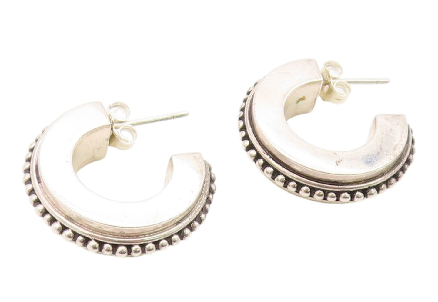 925 Sterling Silver Vintage Earrings Modernist Beaded Crescent Hoops  EG14389