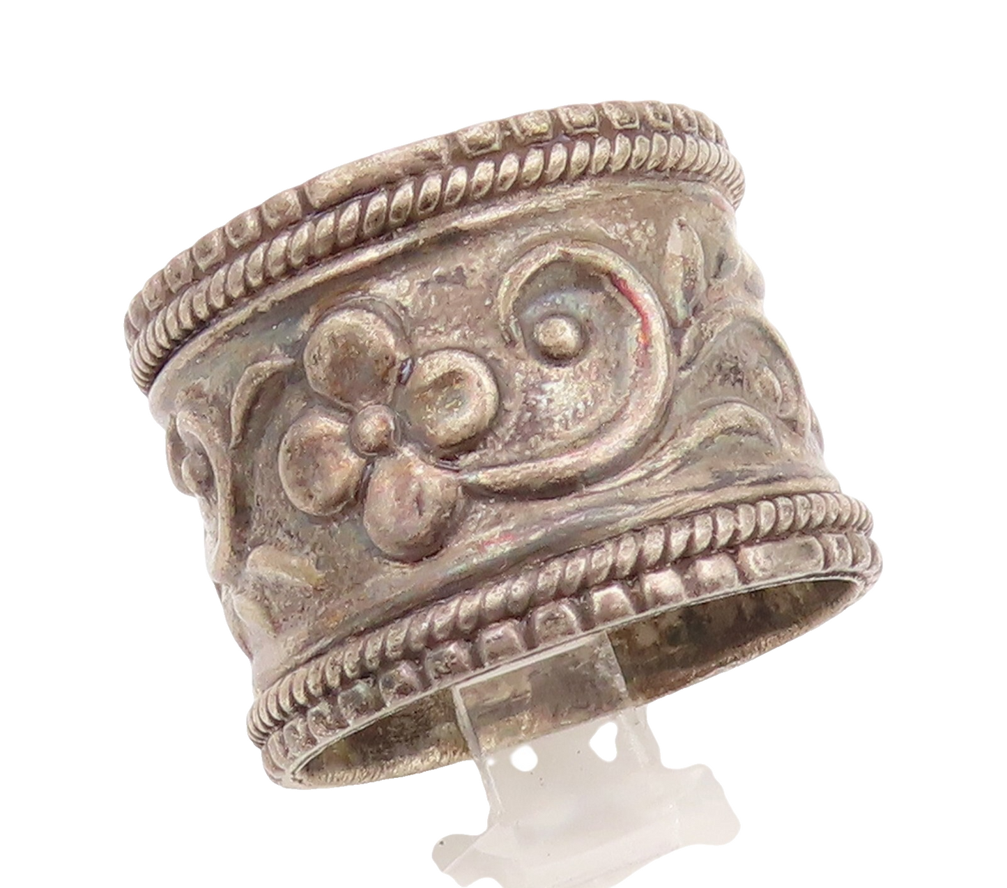 925 Sterling Silver Vintage Ring Dark Tone Broad Floral Carved  Sz 10  RG31797