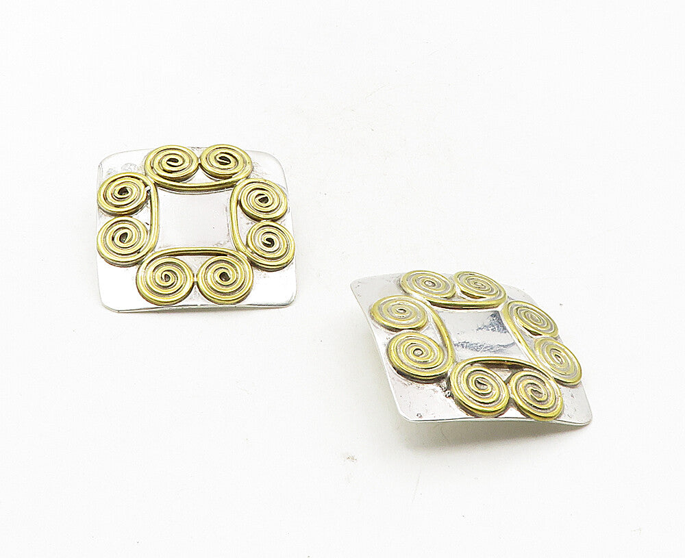 MEXICO 925 Silver  Vintage Shiny Two Tone Swirl Non Pierce Earrings  EG4985