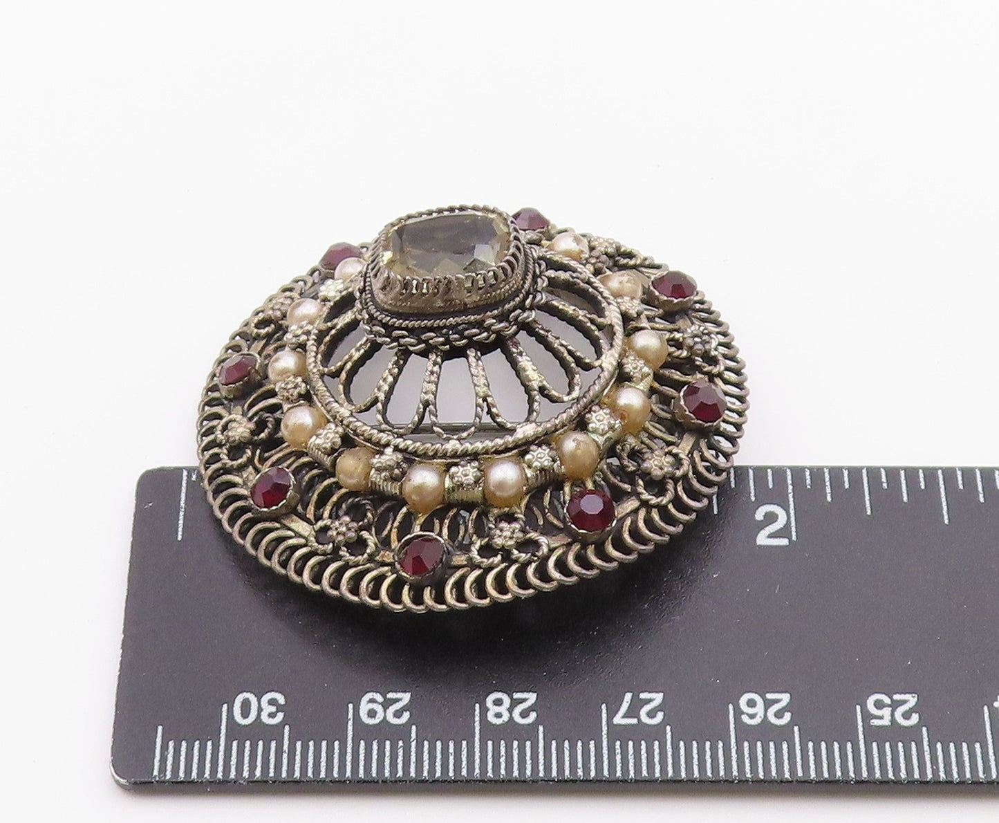 925 Sterling Silver  Vintage Pearls Topaz & Amethyst Floral Brooch Pin  BP3468