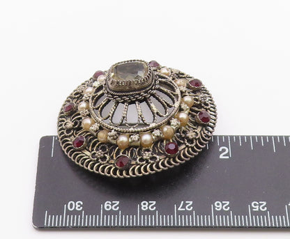 925 Sterling Silver  Vintage Pearls Topaz & Amethyst Floral Brooch Pin  BP3468