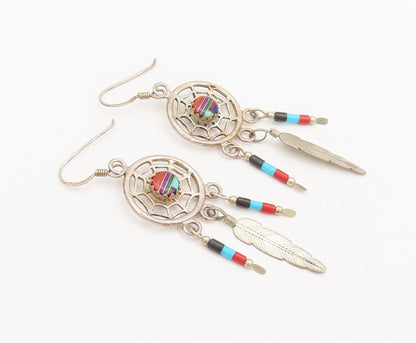 925 Silver Vintage Solid Dangling Multi Stones Dream Catcher Earrings EG12535