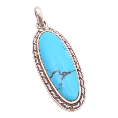 925 Sterling Silver  Vintage Cabochon Cut Turquoise Oblong Pendant  PT14052