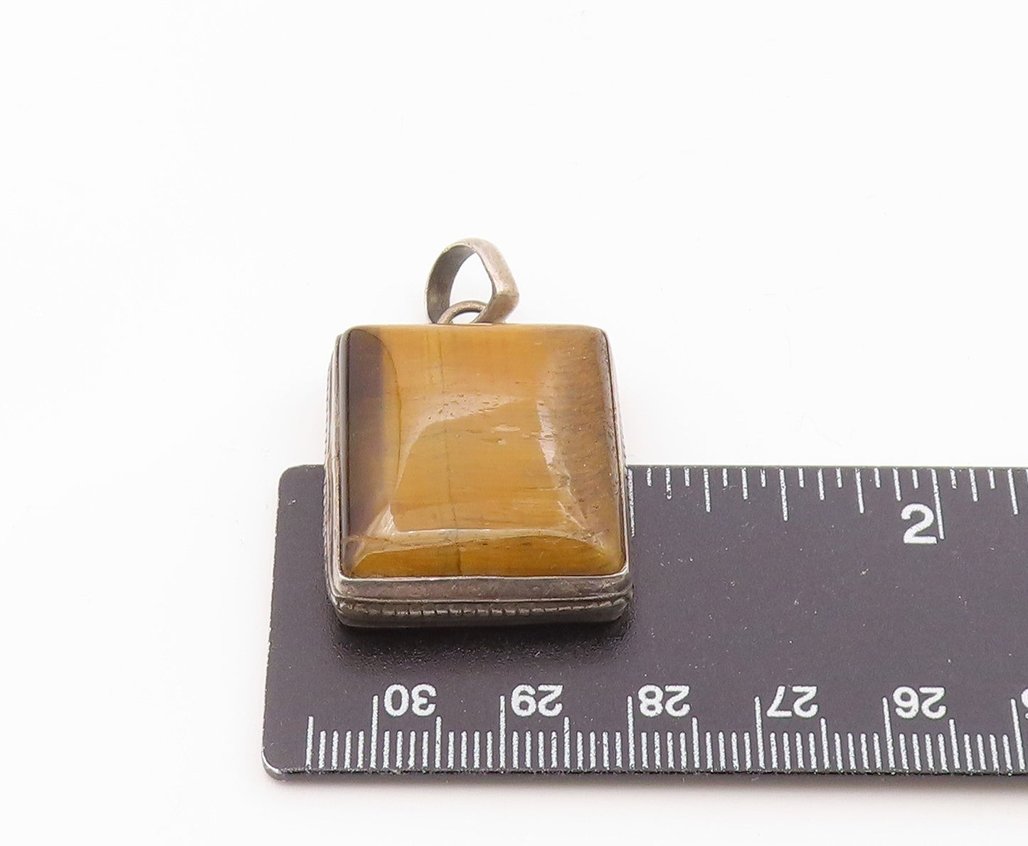 925 Sterling Silver  Vintage Cabochon Cut Tiger's Eye Square Pendant  PT12176