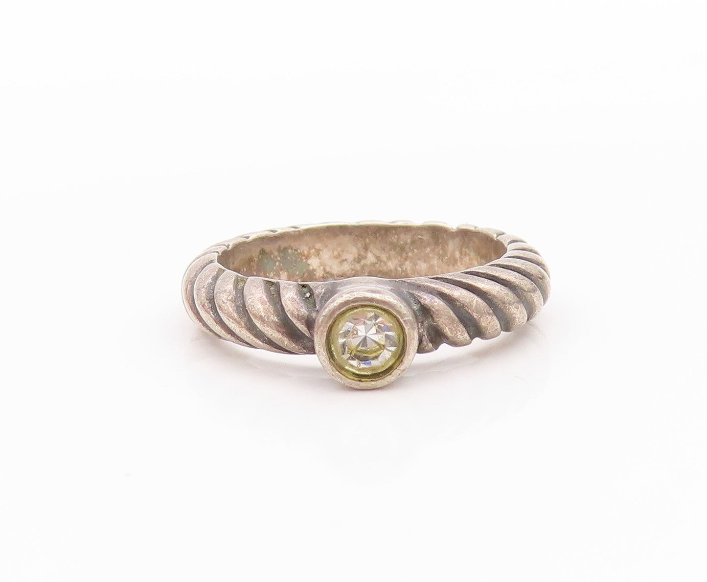 925 Sterling Silver Vintage Ring CZ Etched Twisted Rope Dome Band Sz 5.5 RG33478