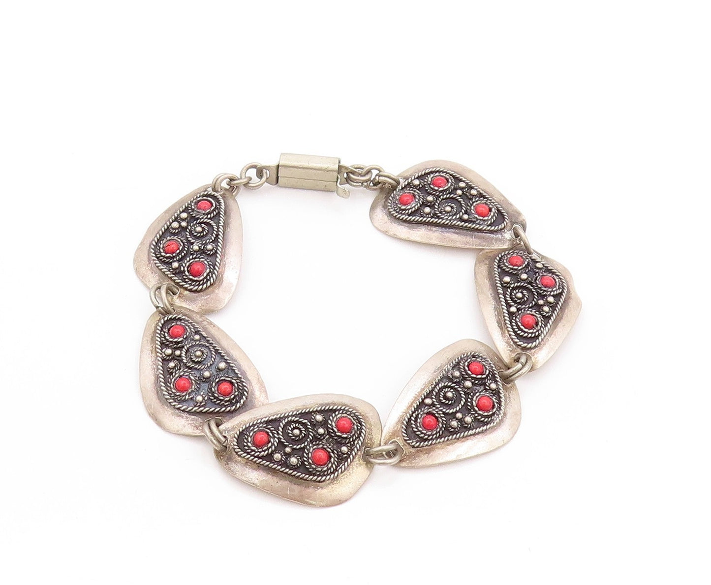 925 Sterling Silver Vintage Bracelet ISRAEL Rope Work Design Gemstones  BT11242
