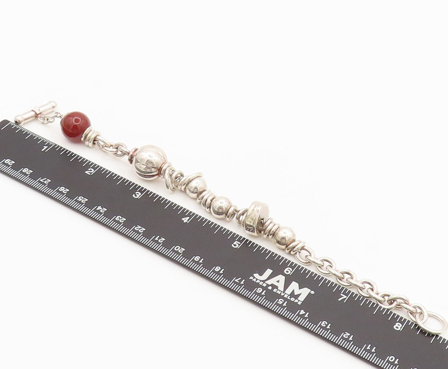 925 Sterling Silver  Vintage Beaded Link Carnelian Toggle Lock Bracelet BT9999