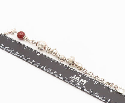 925 Sterling Silver  Vintage Beaded Link Carnelian Toggle Lock Bracelet BT9999