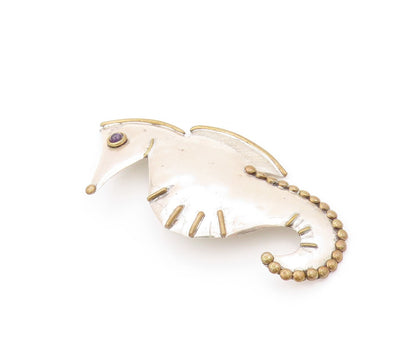 925 Sterling Silver Vintage Brooch LOUIS BOOTH Amethyst Eyed Sea Horse  BP11534