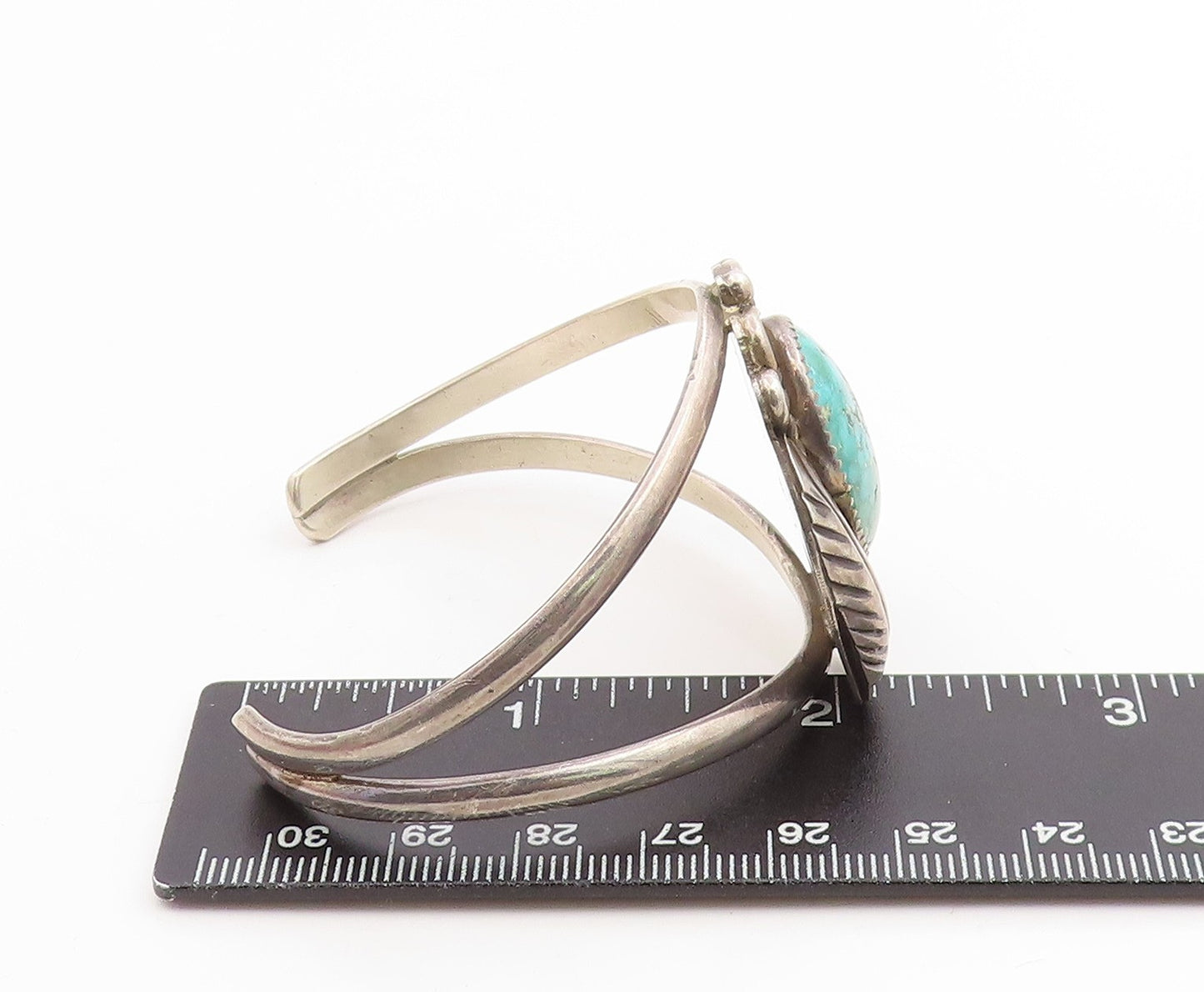 925 Sterling Silver Vintage Bracelet NAVAJO Turquoise Etched Leaf Cuff  BT12000