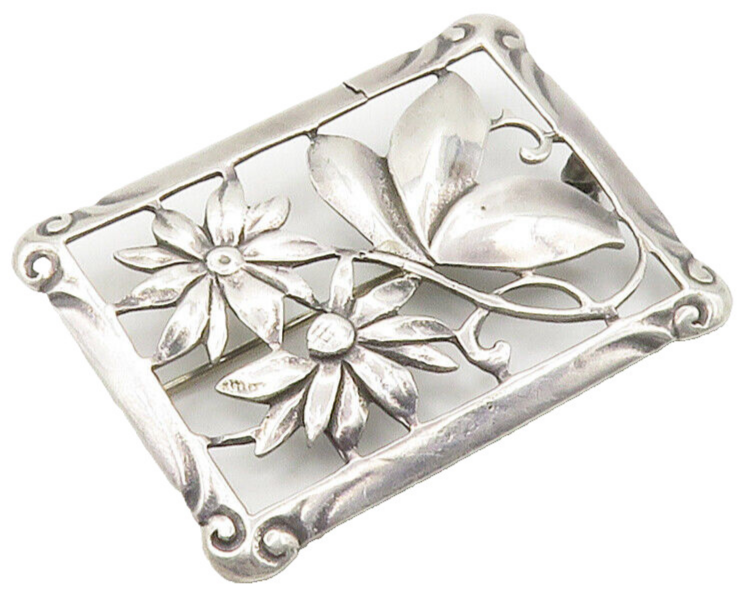 925 Sterling Silver  Vintage Daisy Flowers Swirl Border Brooch Pin  BP5933