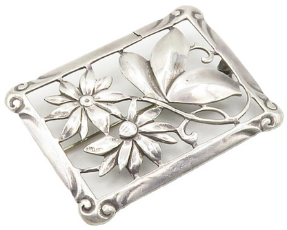 925 Sterling Silver  Vintage Daisy Flowers Swirl Border Brooch Pin  BP5933