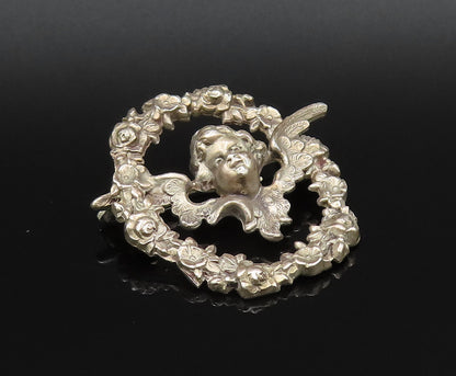 925 Silver  Vintage Antique Baby Angel Cutout Flower Wreath Brooch Pin  BP9899