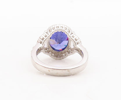 925 Sterling Silver Vintage Ring Oval Cut Sapphire Halo CZ Inlay  Sz 7  RG29737