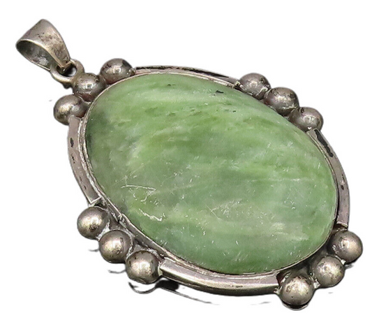DAVID ALLENDE 925 Silver  Vintage Beaded Edge Green Jasper Pendant  PT21523