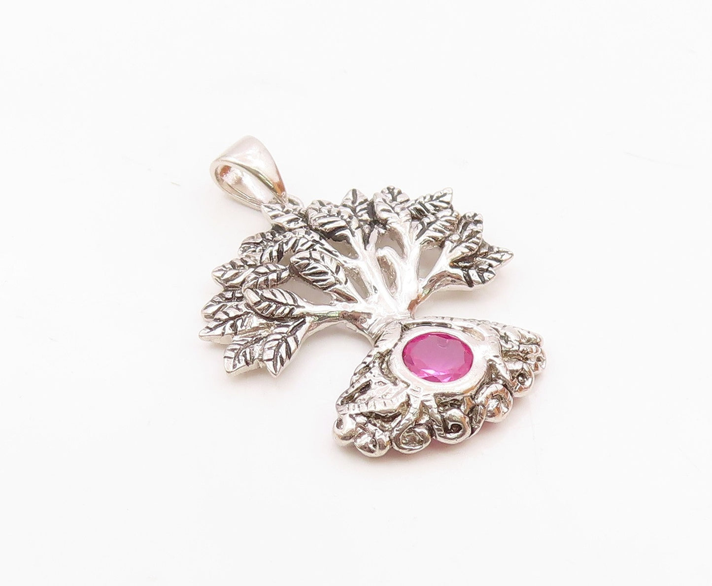 925 Sterling Silver  Vintage Carved Tree Of Life Tourmaline Pendant  PT20948