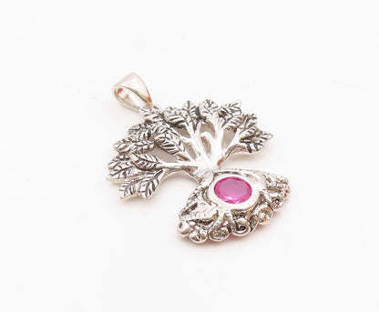 925 Sterling Silver  Vintage Carved Tree Of Life Tourmaline Pendant  PT20948