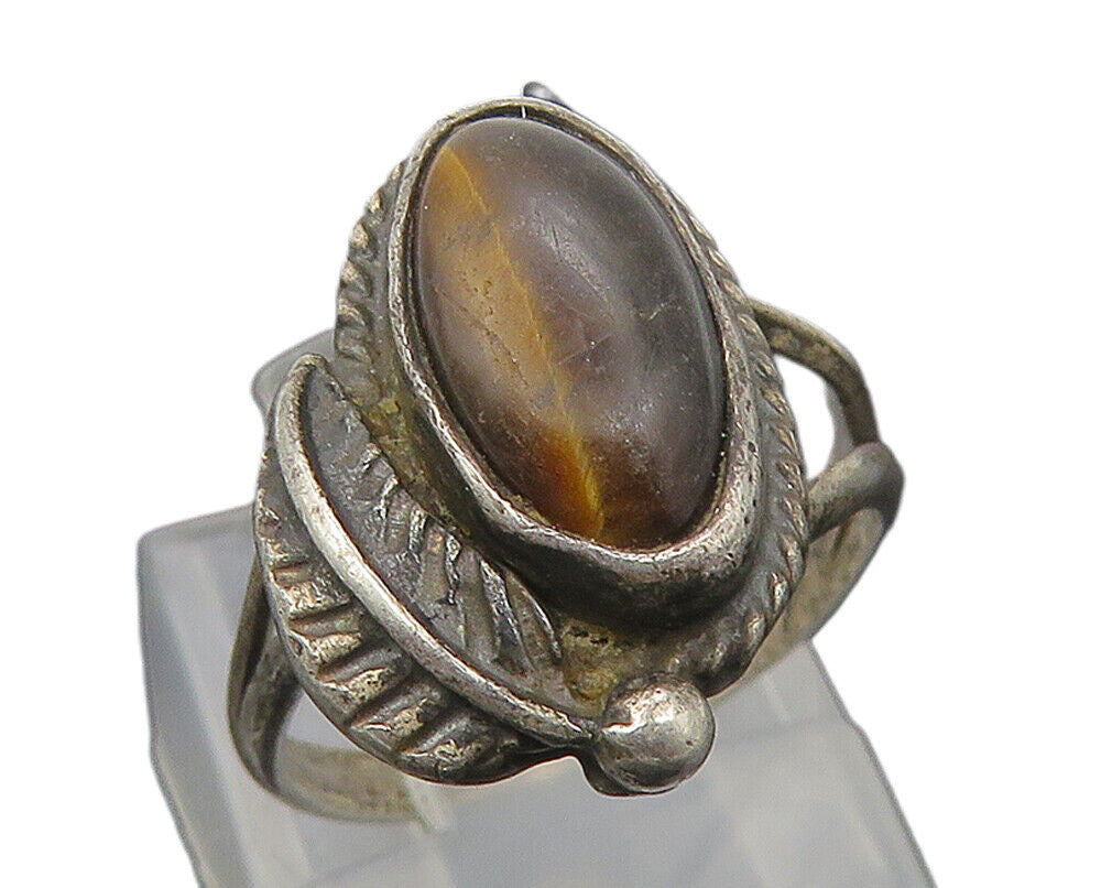 925 Silver  Vintage Cabochon Cut Tiger's Eye Band Ring Sz 4  RG10780