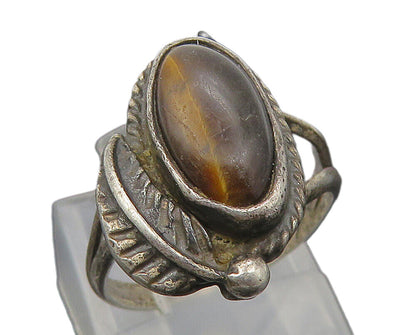 925 Silver  Vintage Cabochon Cut Tiger's Eye Band Ring Sz 4  RG10780