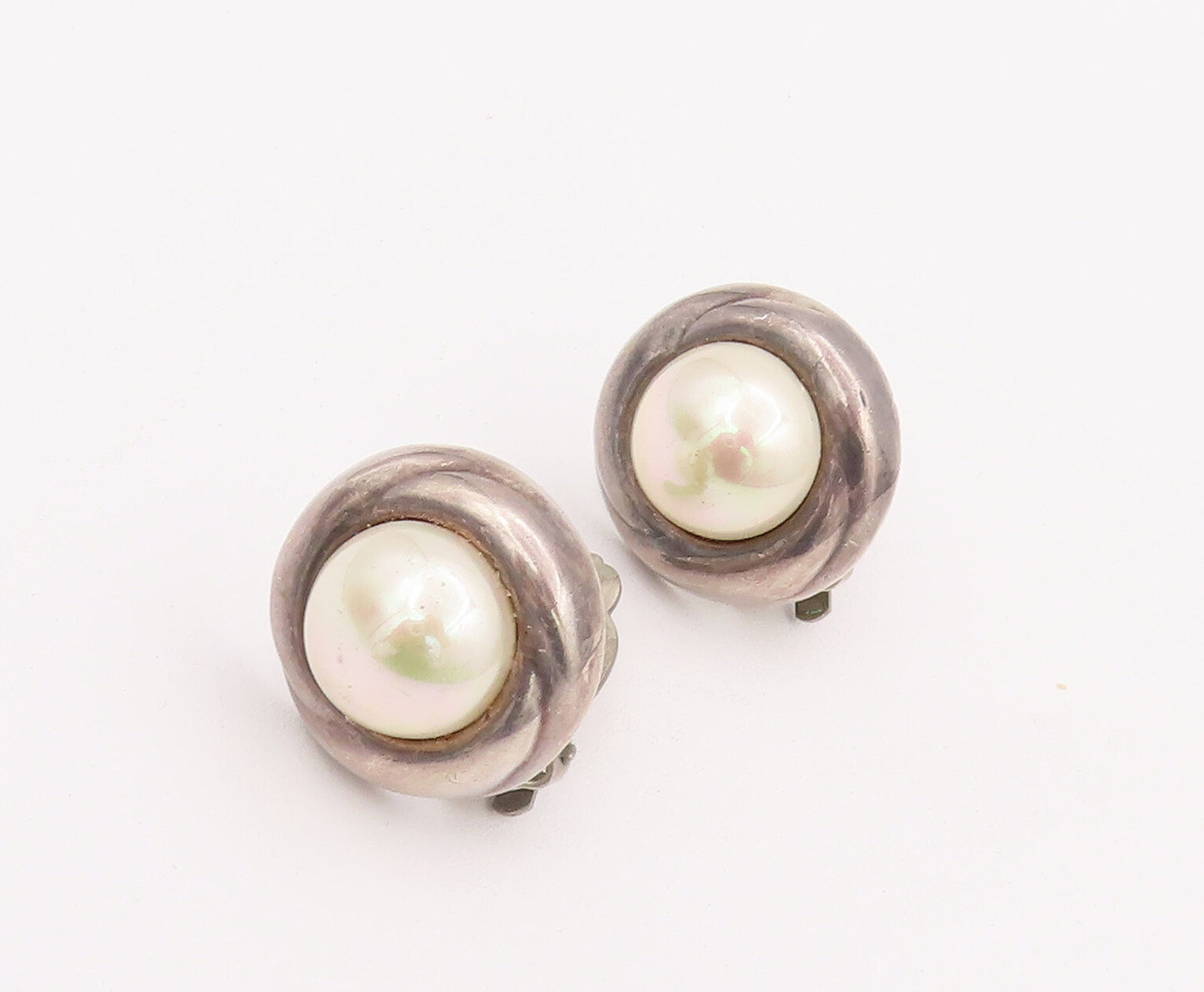 925 Sterling Silver Vintage Earrings BARRA Large Pearl Halo Carved Ring  EG12942