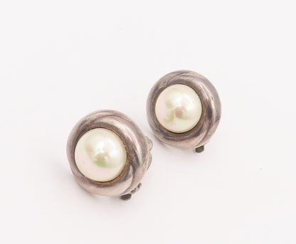 925 Sterling Silver Vintage Earrings BARRA Large Pearl Halo Carved Ring  EG12942