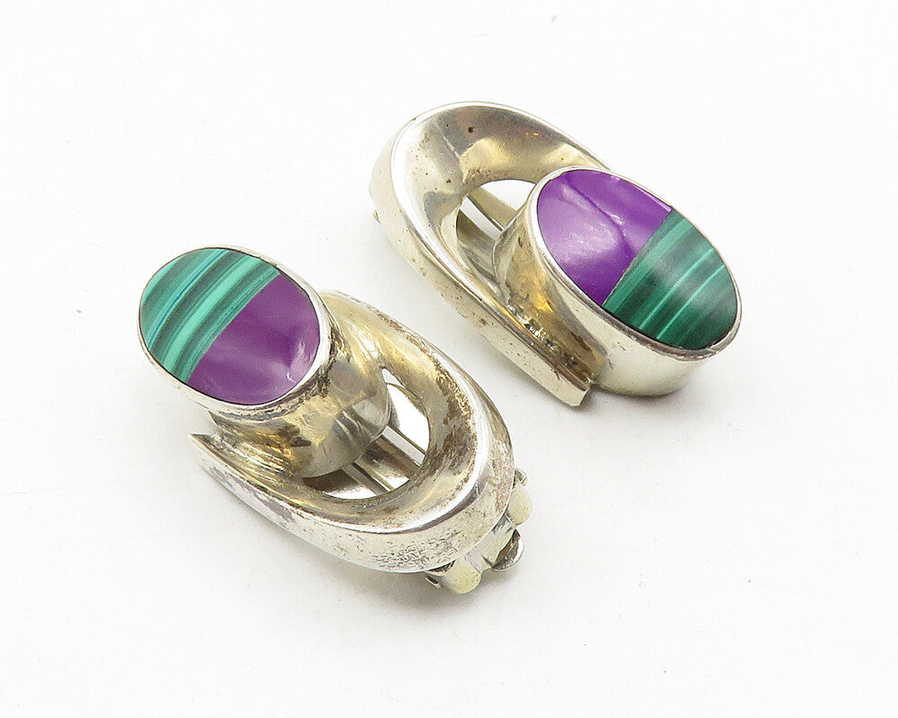 925 Sterling Silver  Vintage Malachite & Sugilite Non Pierce Earrings  EG5833