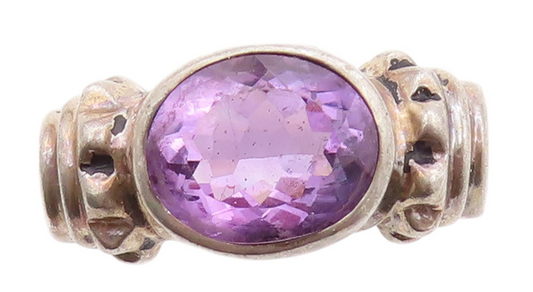 925 Sterling Silver Vintage Ring Antique Design Carved Amethyst  Sz 8  RG32750
