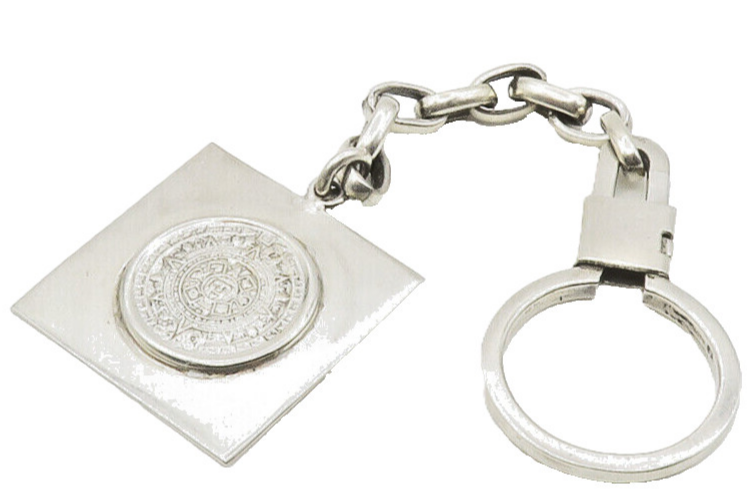 MEXICO 925 Sterling Silver  Vintage Mayan Aztec Sun Calendar Key Chain  TR2015