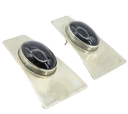 925 Sterling Silver  Vintage Cabochon Black Onyx Modernist Earrings  EG2913
