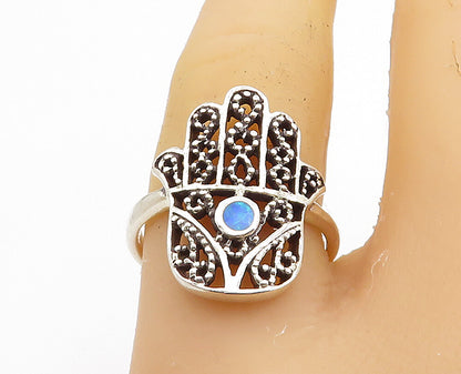 925 Sterling Silver  Petite Fire Opal Swirl Hamsa Band Ring Sz 7.5  RG7780