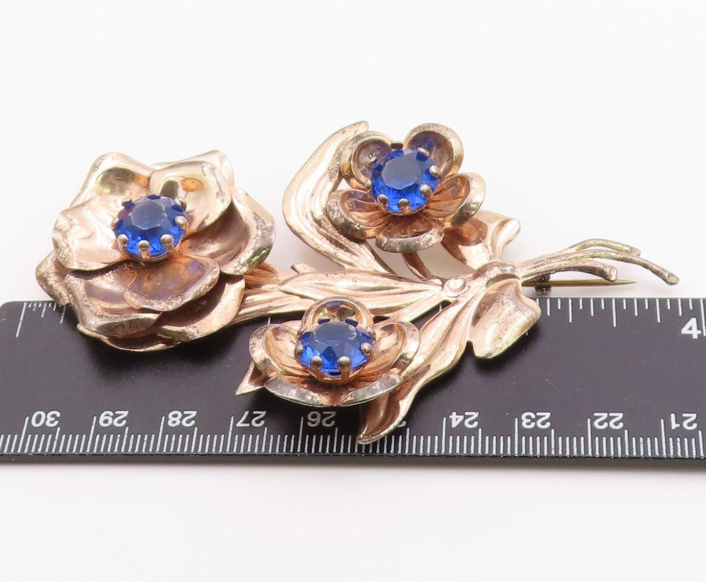 925 Sterling Silver  Vintage Blue Topaz Flower Bunch Motif Brooch Pin  BP5451