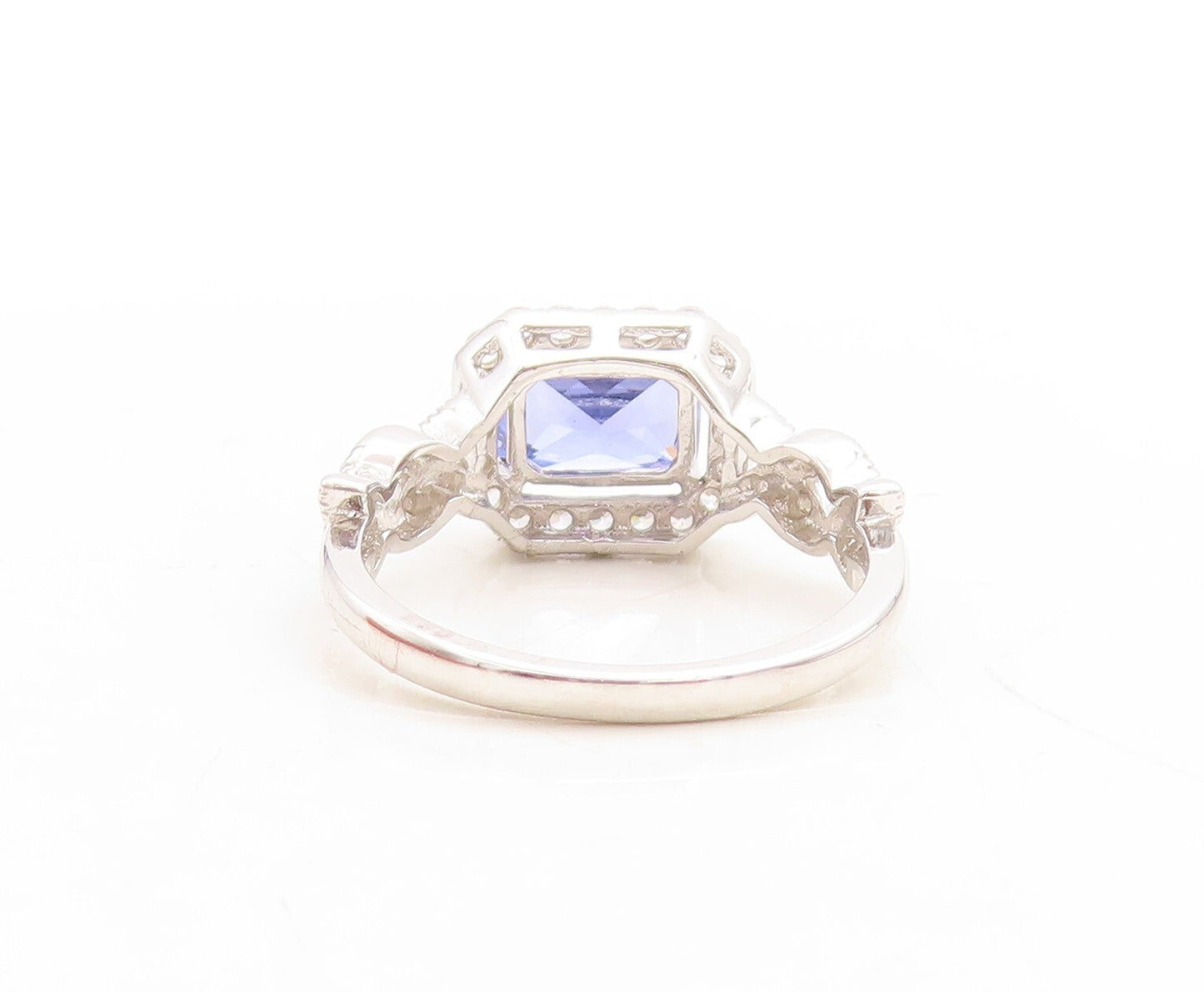 925 Sterling Silver Vintage Ring Rectangle Cut Sapphire Halo CZ  Sz 7  RG31379