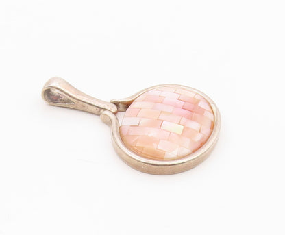 925 Sterling Silver  Vintage Mother Of Pearl Two Sided Oval Pendant  PT15687