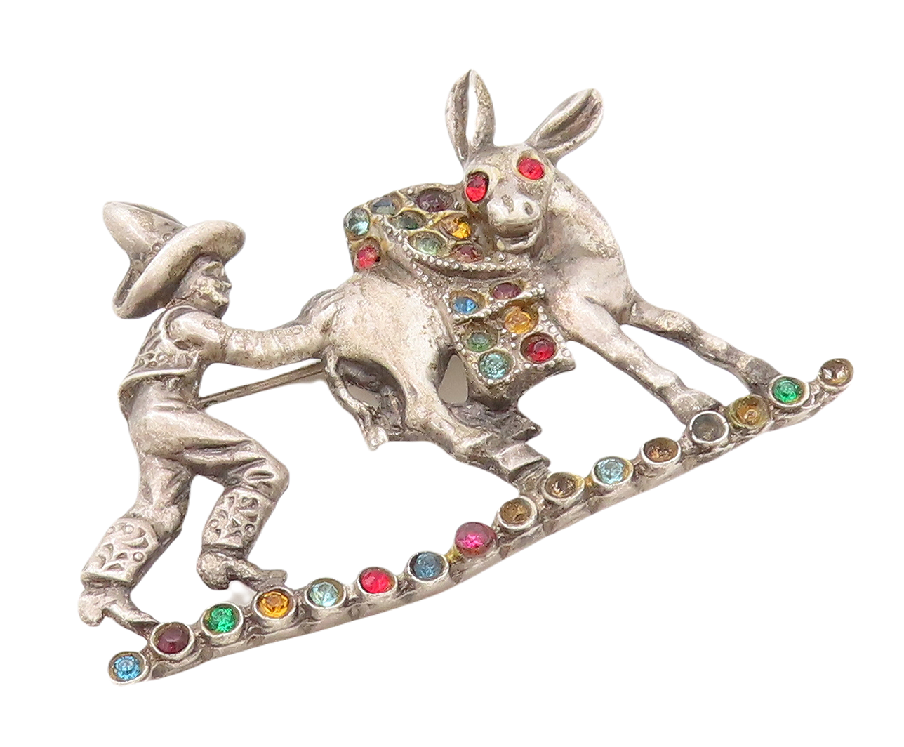 925 Sterling Silver Vintage Brooch Pin Antique Multi Stone Donkey & Man  BP11158