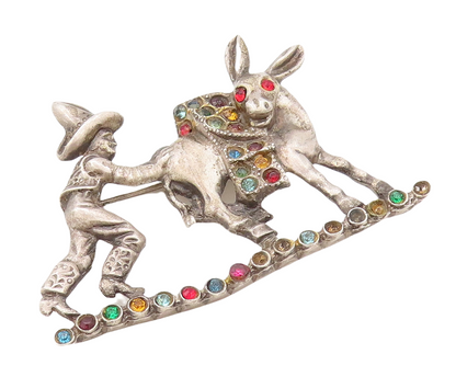 925 Sterling Silver Vintage Brooch Pin Antique Multi Stone Donkey & Man  BP11158