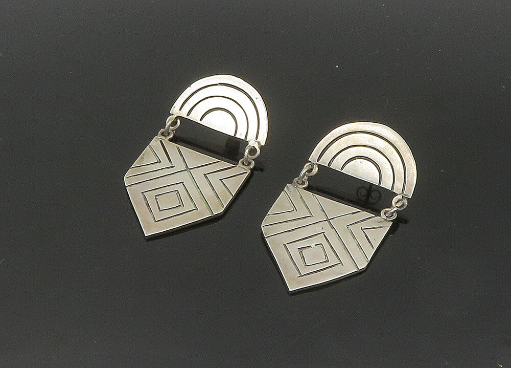 MEXICO 925 Silver  Vintage Shiny Etched Pattern Dangle Earrings  EG10256