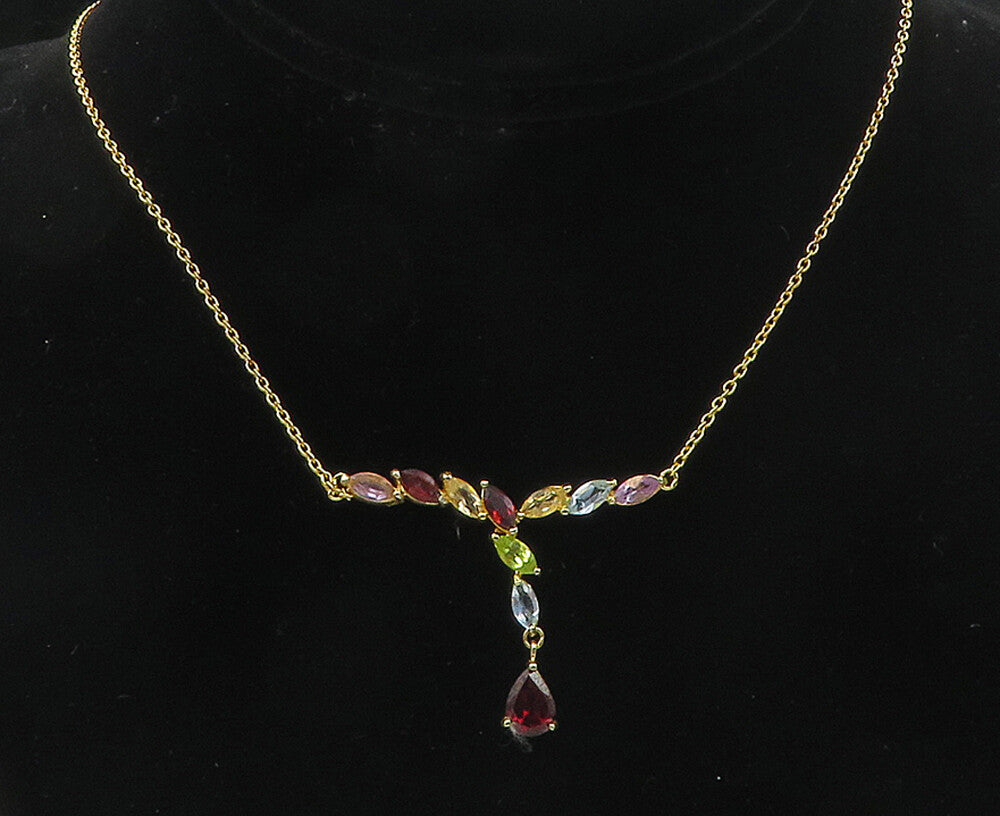 925 Sterling Silver Garnet & Multi Stone Gold Plated Chain Necklace NE1947