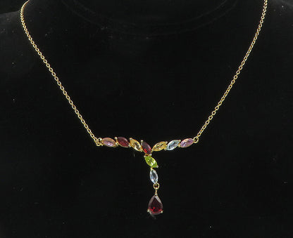 925 Sterling Silver Garnet & Multi Stone Gold Plated Chain Necklace NE1947