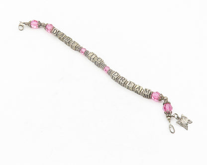 925 Sterling Silver  Vintage Pink Topaz Dare To Dream Beaded Bracelet  BT4744
