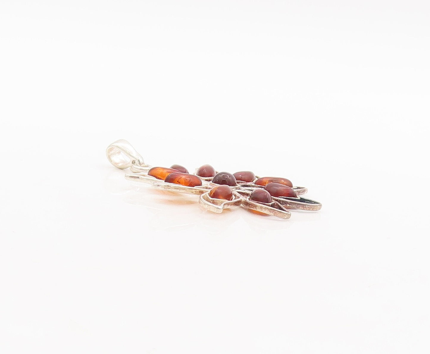 925 Sterling Silver Vintage Pendant Cutout Cabochon Amber Flower  PT23405