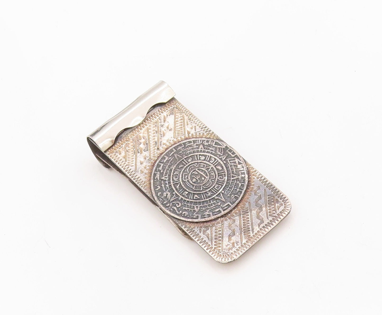 925 Sterling Silver Vintage Money Clip MEXICO Dark Tone Aztec Moon Carved TR3823