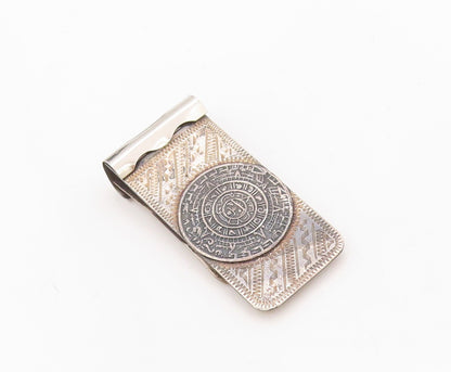 925 Sterling Silver Vintage Money Clip MEXICO Dark Tone Aztec Moon Carved TR3823