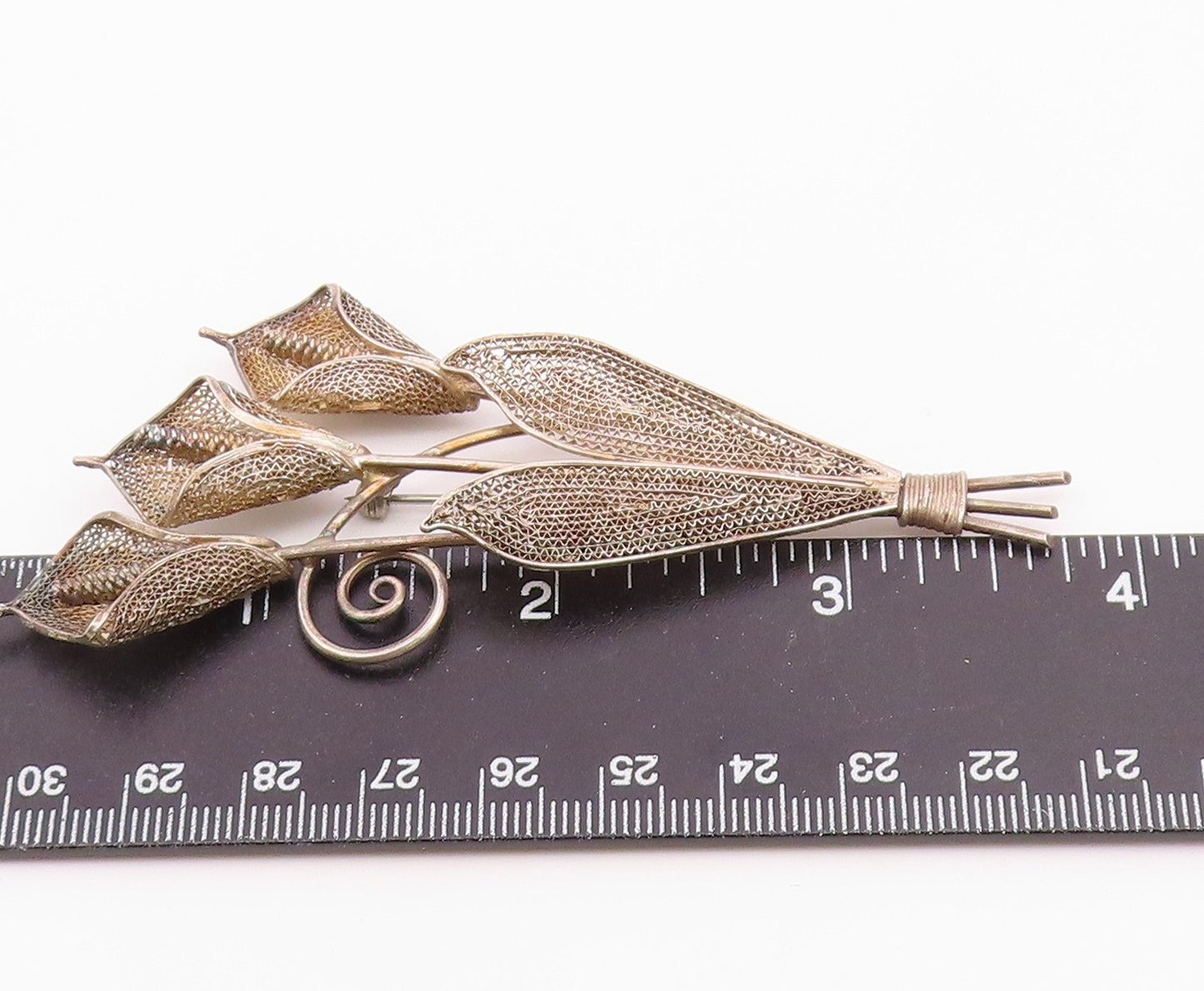 925 Sterling Silver  Vintage Antique Filigree Swirl Flowers Brooch Pin  BP6396