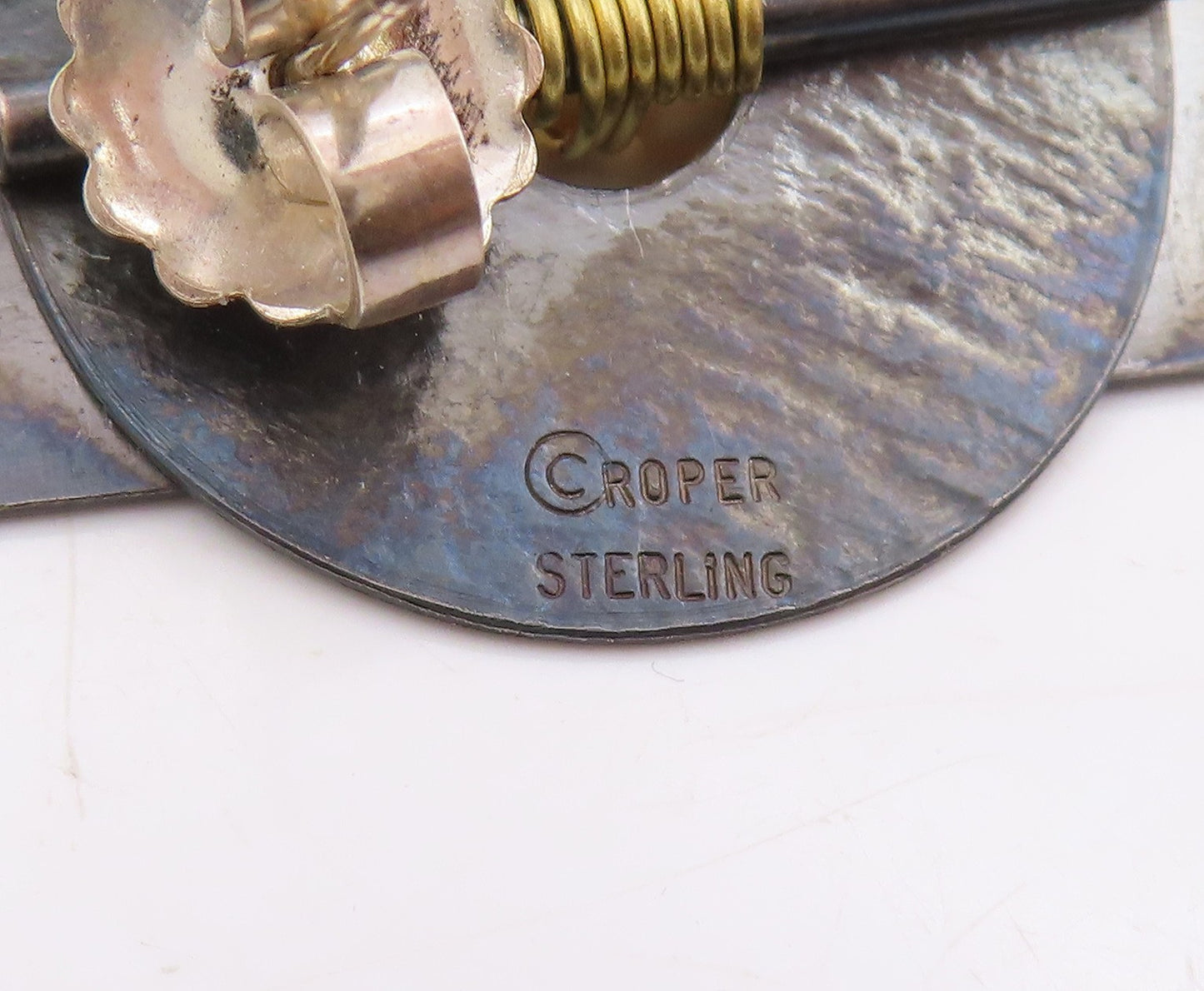 14k Gold & 925 Sterling Silver Vintage Earrings ROPER Tribal Shields  EG13984