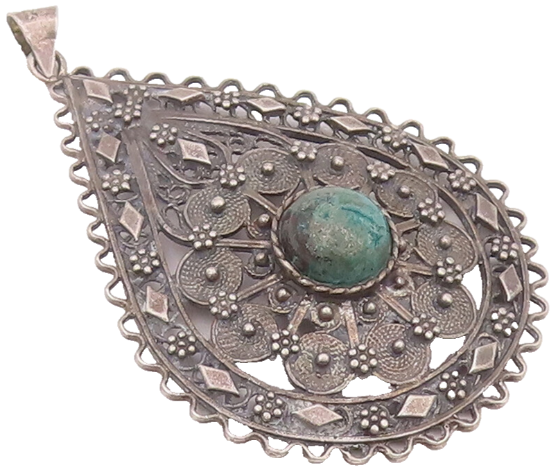 925 Sterling Silver Vintage Pendant Drop Floral Carved Domed Turquoise  PT22813