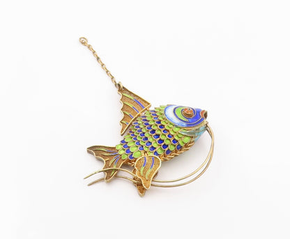 925 Sterling Silver  Vintage Enamel Coated Fish Pendant (MOVES)   PT17590