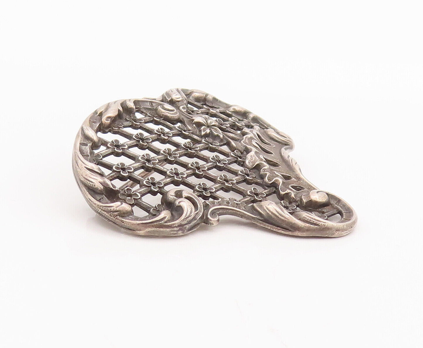 925 Sterling Silver Vintage Brooch Pin Antique Swirly Floral Net Cutout  BP10878