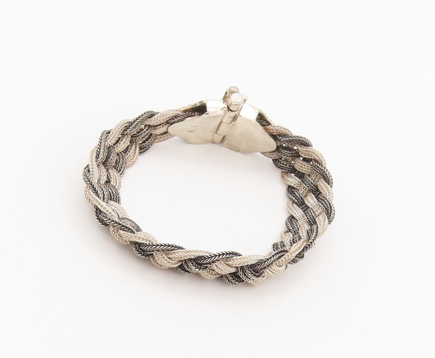 925 Sterling Silver Vintage Two Tone Beaded Wire Carved Buckle Bracelet BT9975