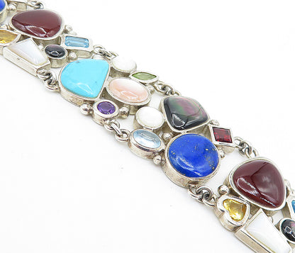 925 Sterling Silver Vintage Mother Of Pearl & Multi Stone Chain Bracelet BT3092