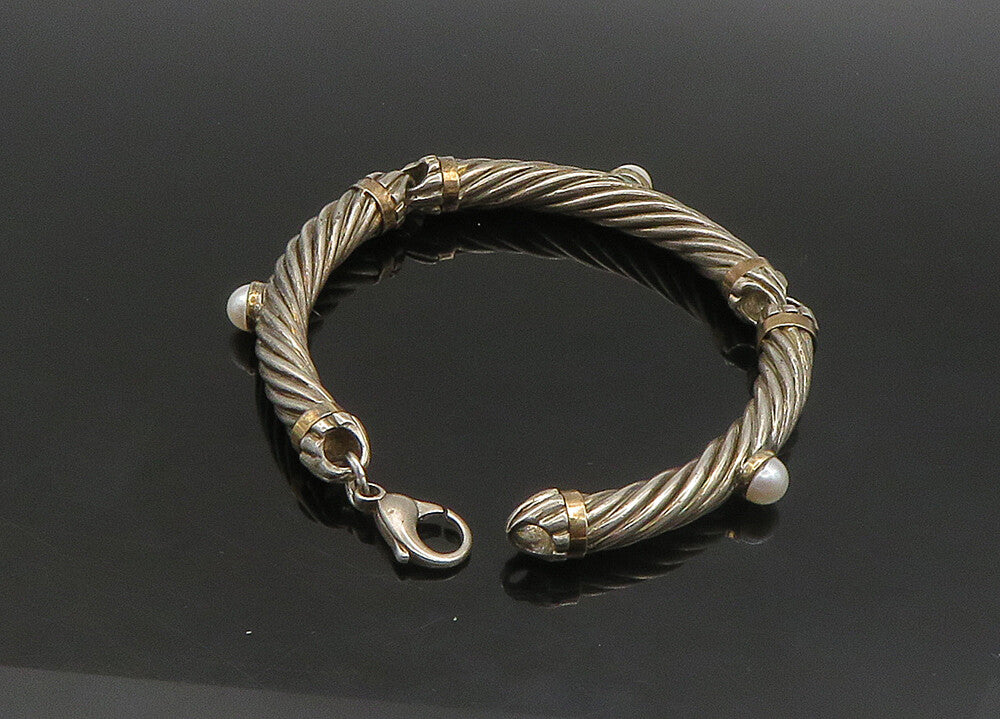 925 Silver & 14K GOLD  Vintage Cultured Pearls Twist Chain Bracelet  BT9083